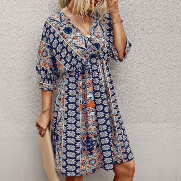 Boho Navy Floral Print Ruffle Sleeve Mini Dress Cottagecore - Picture 6 of 13